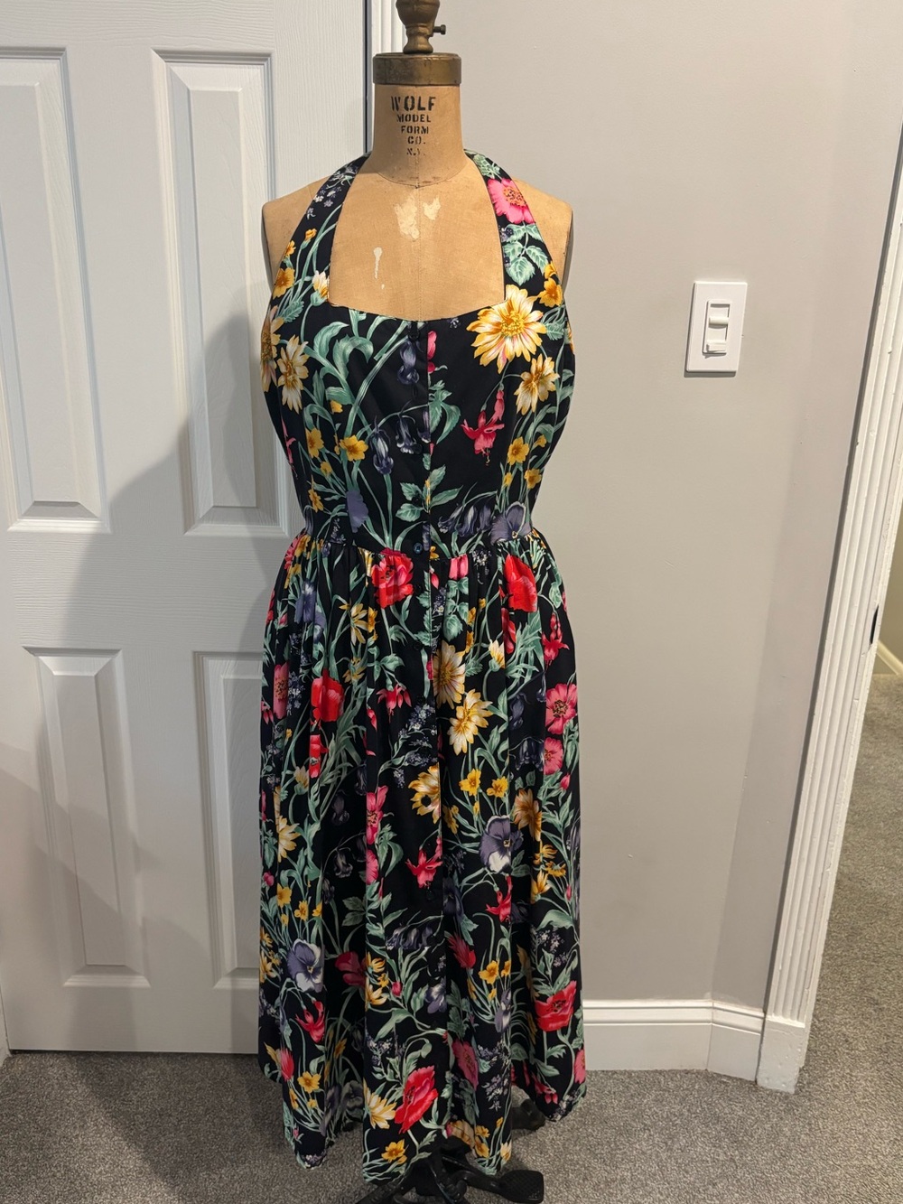 Vintage Black Floral Halter Midi Dress